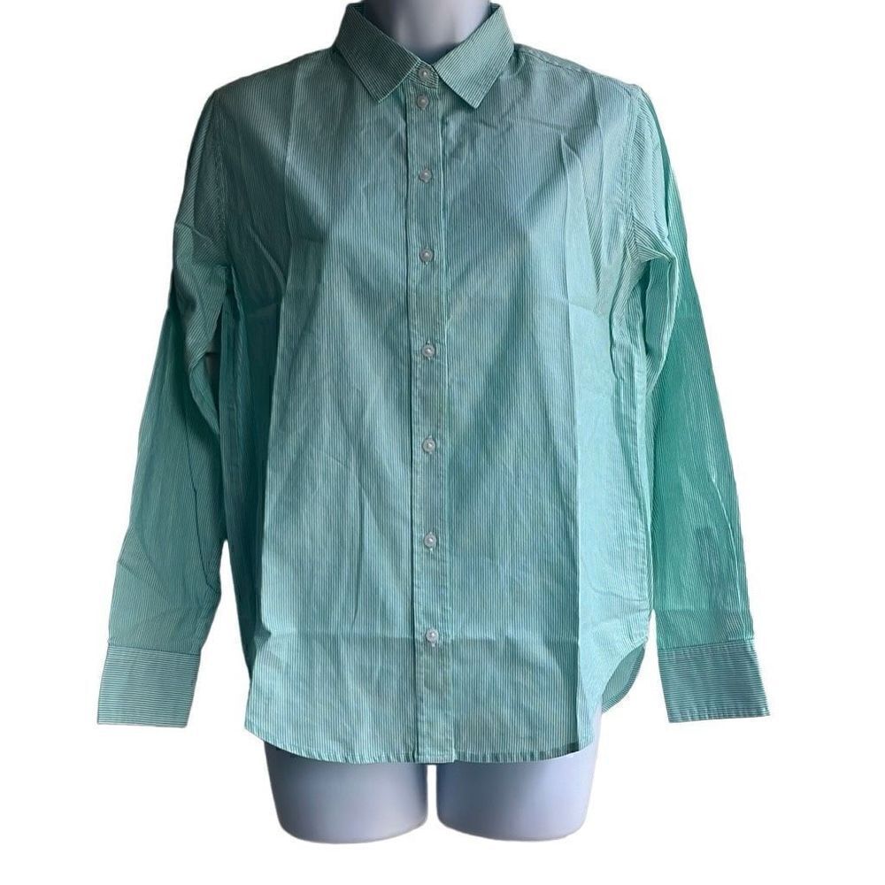 Everlane Womens 00 Silky Cotton Relaxed Shirt Green White Stripe Long Sleeve NEW